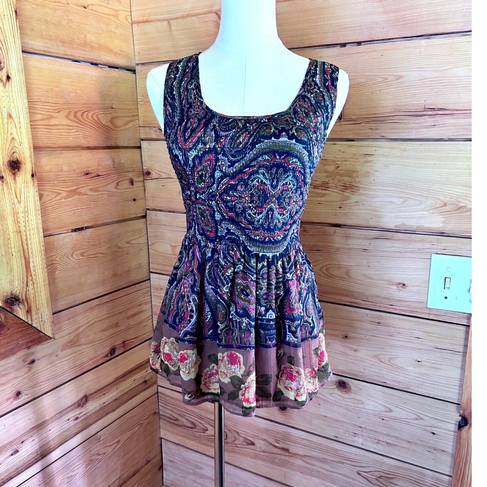 Paisley Tunic Tank Top Womens Extra Small Brown Navy Smocked Peplum Free People